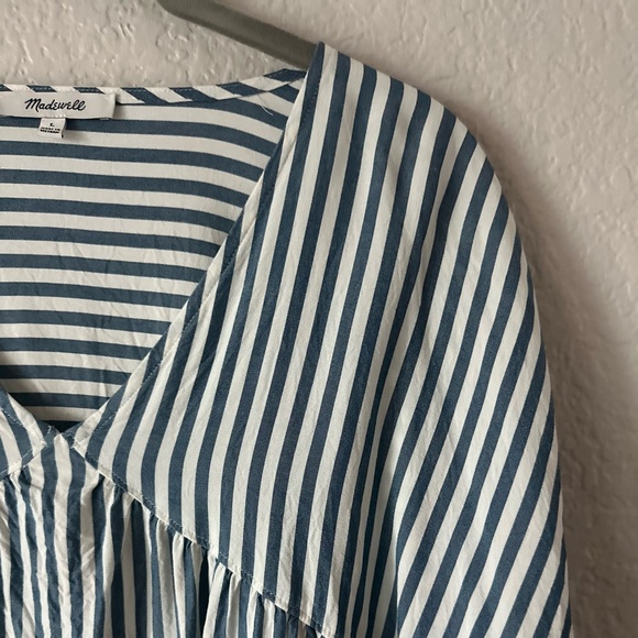 Madewell Blue White Striped Peasant Blouse L | V-Neck Boho Flowy Top - Picture 2 of 6